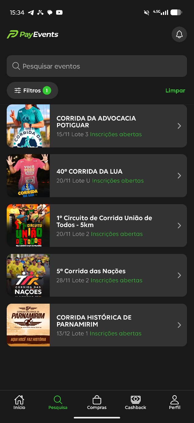 Prévia do aplicativo PayEvents: pesquisa de eventos